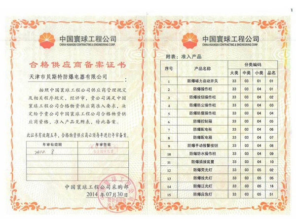 中國(guó)寰球工程公司入網(wǎng)證書(shū)